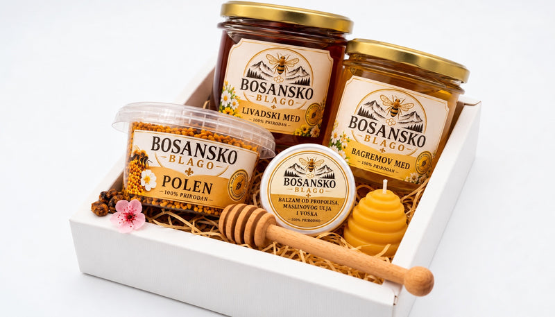 Poklon paket 1 Bosansko blago sa dvije tegle meda, polenom, balzamom, svijećom i kašikom